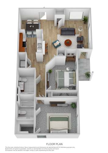 Floor Plan  A floor plan of a house with a kitchen, living room, dining room, and bathrooms.