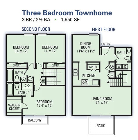 Floor Plan  Willow Lake Apartments - 3 Bedroom Townhome Floor Plan Image