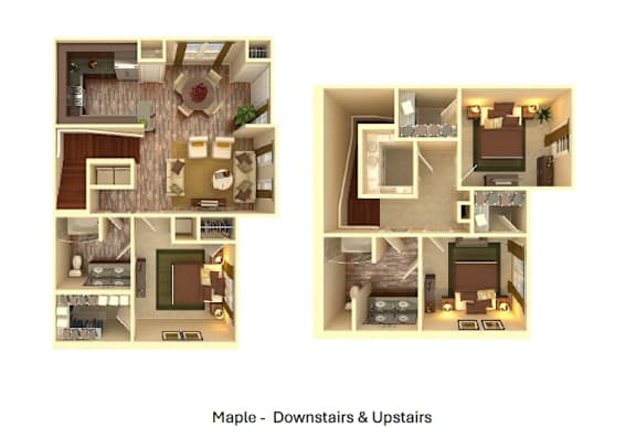 Floor Plan  A maple floor plan of a house with downstairs and upstairs layout.