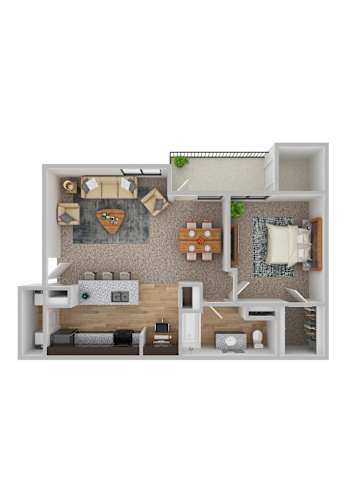 Floor Plan  A 3D floor plan of a small apartment with a kitchen, living room, and bedroom.