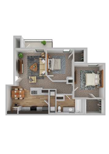 Floor Plan  A 3D floor plan of a house showing a kitchen, living room, dining room, and bathroom.