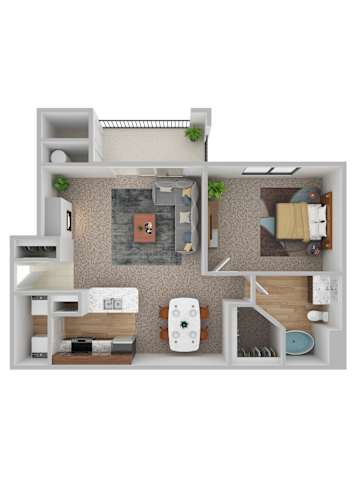 Floor Plan  A 3D floor plan of a small apartment with a kitchen, living room, and bathroom.