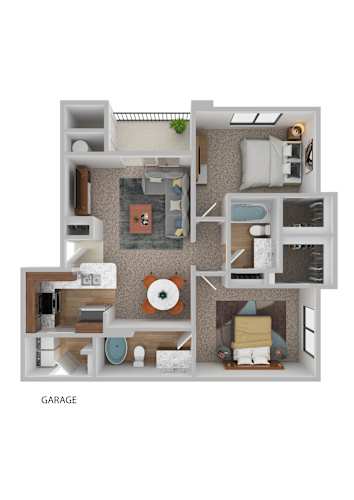 Floor Plan  A 3D floor plan of a house with a labeled garage.