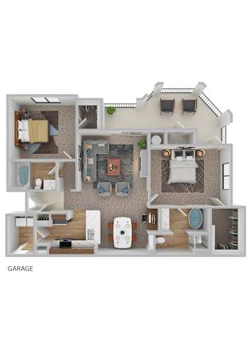 Floor Plan  A 3D floor plan of a house with labeled rooms.