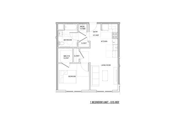 Floor Plan  A floor plan of a 1 bedroom unit with a living room, kitchen, and bathroom.