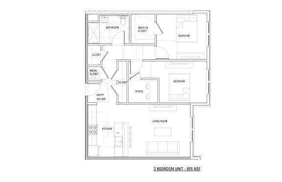 Floor Plan  A floor plan of a 2 bedroom unit with a living room, kitchen, bathroom, and office.