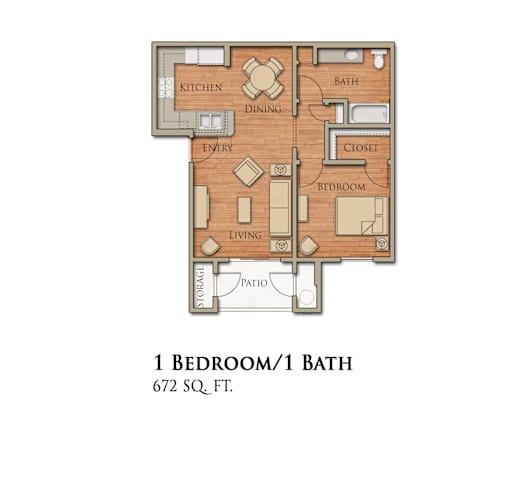 Floor Plan  A drawing of a house layout with the text "1 BEDROOM/1 BATH 672 SQ. FT."