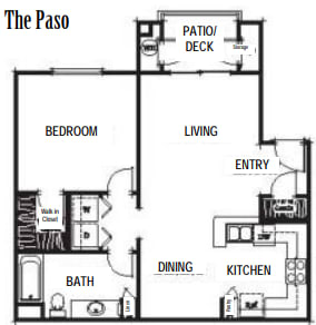 Floor Plan  A floor plan of a home layout with a patio deck and a living room.