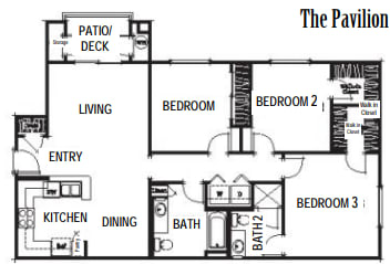 Floor Plan  A drawing of a house plan with a living room, dining room, kitchen, and three bedrooms.