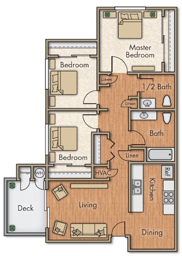 Floor Plan  A floor plan of a house with a deck, two bedrooms, a living room, a dining room, a kitchen, a half bath, and a master bedroom.