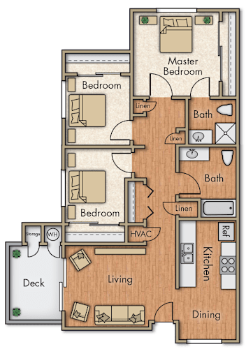 Floor Plan  A floor plan of a house with a deck and three bedrooms.