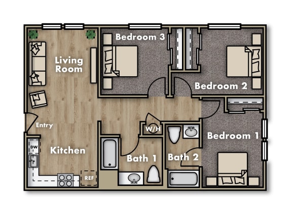 Floor Plan  Terracina at the Dunes 3-bedroom 2-bathroom floor plan