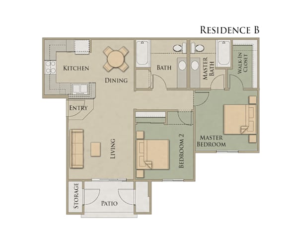 Floor Plan  A floor plan of a residence with a kitchen, dining area, two bedrooms, a bathroom, and a patio.