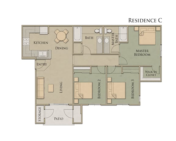 Floor Plan  A floor plan of a residence with a master bedroom and three other bedrooms.