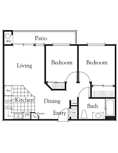 Floor Plan  A floor plan of a house with a kitchen, living room, dining room, two bedrooms, a bathroom, and a pantry.