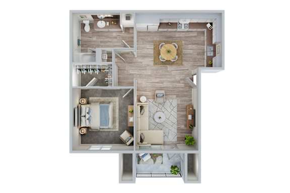 Floor Plan  A top down view of a house interior with a kitchen, living room, and bathroom.