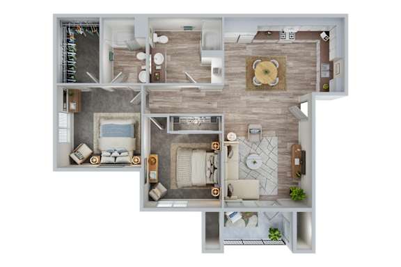 Floor Plan  A top down view of a house interior with a kitchen, living room, and bathroom.