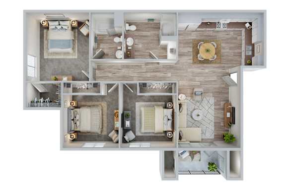 Floor Plan  A top-down view of a modern apartment layout with a kitchen, living room, and bathroom.