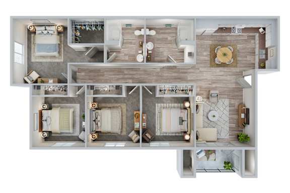Floor Plan  A floor plan of a house with a kitchen, living room, dining room, and three bathrooms.