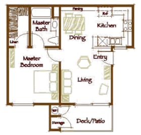Floor Plan  A floor plan of a house with a master bedroom, a kitchen, a dining area, a living room, and a deck/patio.