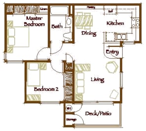 Floor Plan  A floor plan of a house with a master bedroom, two bathrooms, a kitchen, a dining room, a deck/patio, and a living room.