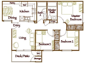 Floor Plan  A floor plan of a house with a kitchen, dining area, living room, and multiple bedrooms.