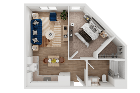 Floor Plan  3D floor plan of a 1 bedroom apartment with furniture