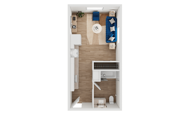 Floor Plan  A 3D version of the studio apartment with furniture