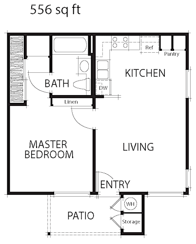 Floor Plan  A floor plan of a 556 sq ft house with a master bedroom, living room, kitchen, bathroom, and patio.