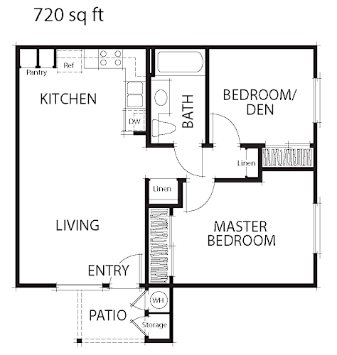 Floor Plan  A floor plan of a 720 square foot home with a living room, kitchen, pantry, bathroom, and two bedrooms.