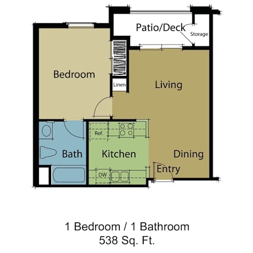 Floor Plan  A floor plan of a small apartment with one bedroom and one bathroom.