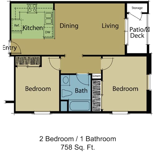 Floor Plan  A floor plan of a 2 bedroom, 1 bathroom apartment sized 758 square feet.