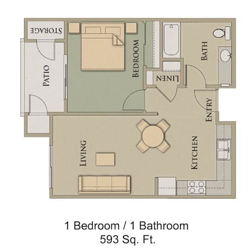 Floor Plan  A floor plan of a one bedroom, one bathroom apartment.