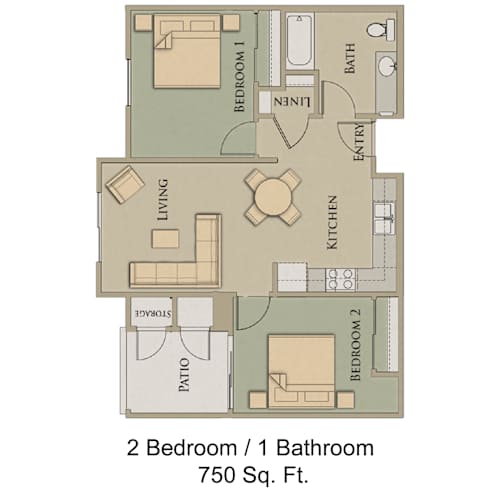 Floor Plan  A 2 Bedroom / 1 Bathroom apartment is 750 square feet.