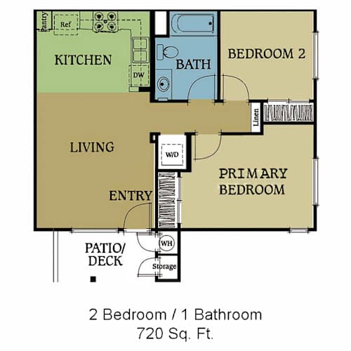Floor Plan  A floor plan of a 2 bedroom, 1 bathroom apartment sized 720 square feet.