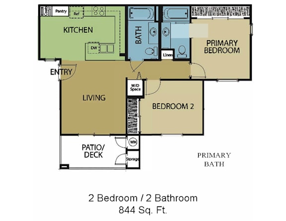 Floor Plan  A floor plan of a 2 bedroom 2 bathroom apartment sized 844 square feet.