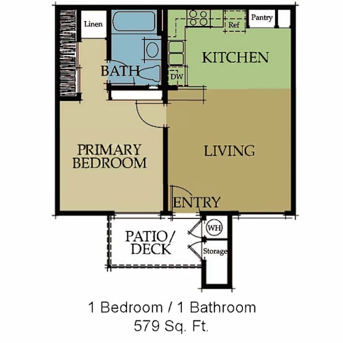 Floor Plan  A floor plan of a small apartment with one bedroom and one bathroom.