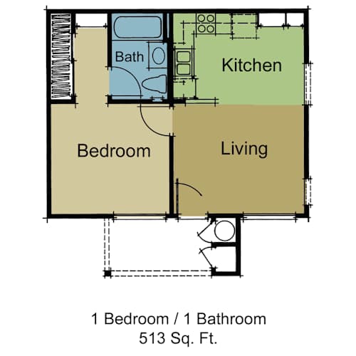 Floor Plan  A floor plan of a 513 square foot home with one bedroom and one bathroom.