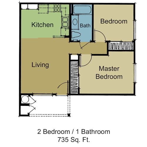 Floor Plan  A floor plan of a 2 bedroom, 1 bathroom apartment sized 735 square feet.
