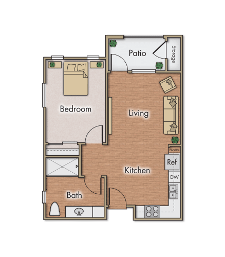 Floor Plan  1 bedroom floor plan, reversed. 569 square feet.