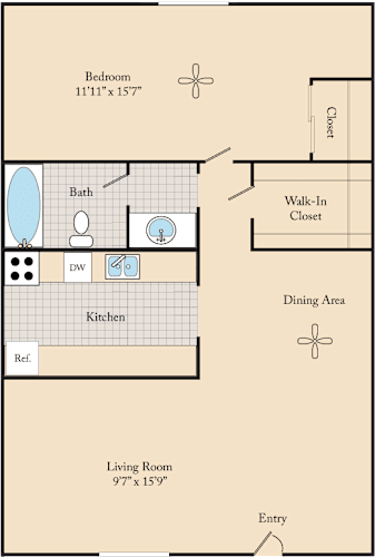 Floor Plan  A floor plan of an apartment home with a living area, dining area, kitchen, one bedroom with a walk-in closet and one bathroom.