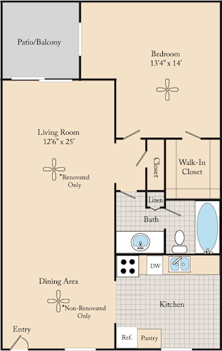 Floor Plan  A floor plan of an apartment home with a living area, dining area, kitchen, one bedroom with a walk-in closet and a patio/balcony.