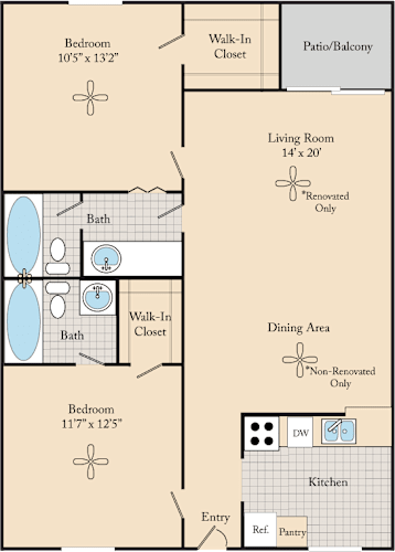 Floor Plan  A floor plan of an apartment home with a living area, dining area, kitchen, two bedrooms with a walk-in closet and a patio/balcony.