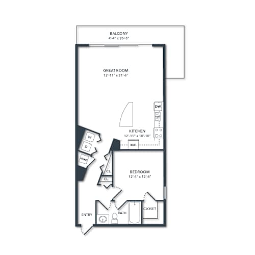 Floor Plan  a floor plan of a studio apartment with a bedroom and a living room