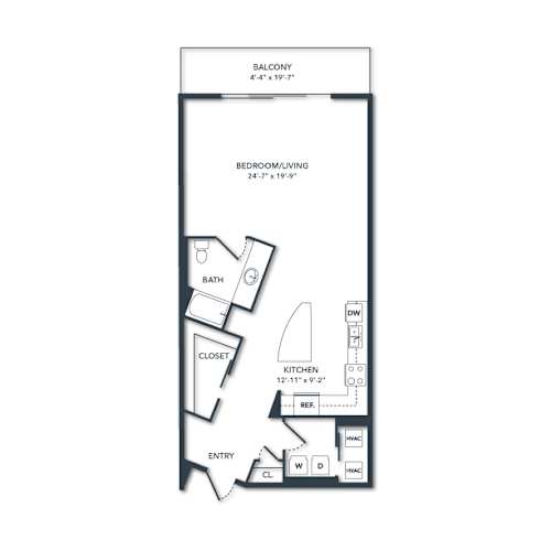 Floor Plan  A floor plan of a balcony, bedroom, bath, closet, and kitchen.