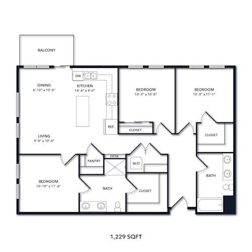 Floor Plan  A black and white image of a floor plan for a 1,229 square foot home.