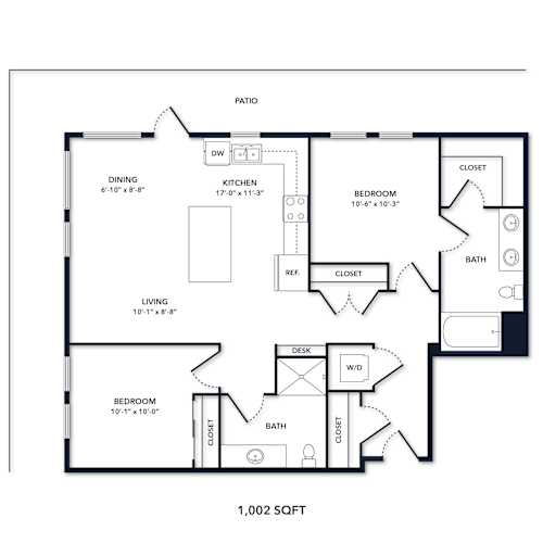 Floor Plan  A floor plan of a 1,002 square foot home.