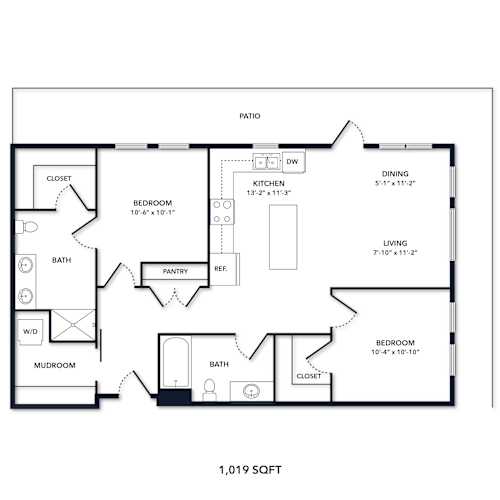 Floor Plan  A floor plan of a 1,019 square foot home.