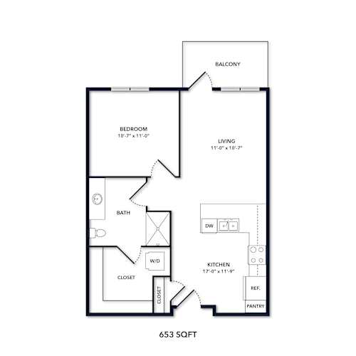Floor Plan  A floor plan of a 653 square foot home.