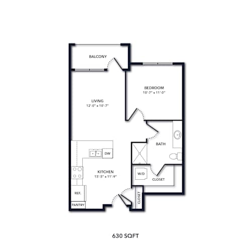 Floor Plan  A black and white image of a floor plan for a 630 square foot home.